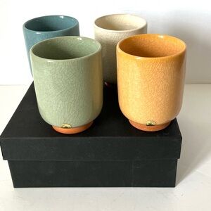 Vintage Kotobuki Japan Ceramic Teacups Set of Four Multicolor Crackle Glaze Cups